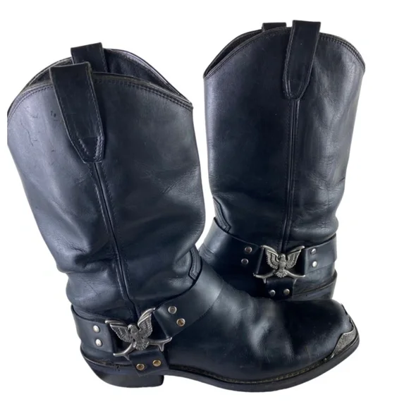 Dingo 10.5 Extra Wide Boots Moto Biker Black Leather Square Toe Eagle Harness - Picture 3 of 11